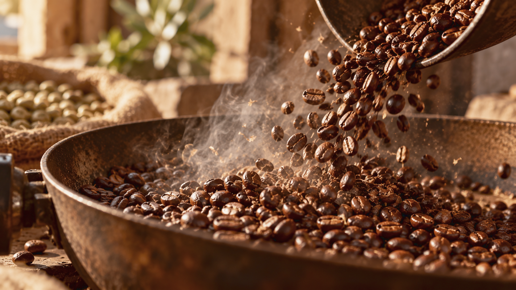Chicchi di caffè tostati liberano nell'aria l'aroma tipico del caffè Chicchi di caffè tostati liberano nell'aria l'aroma tipico del caffè