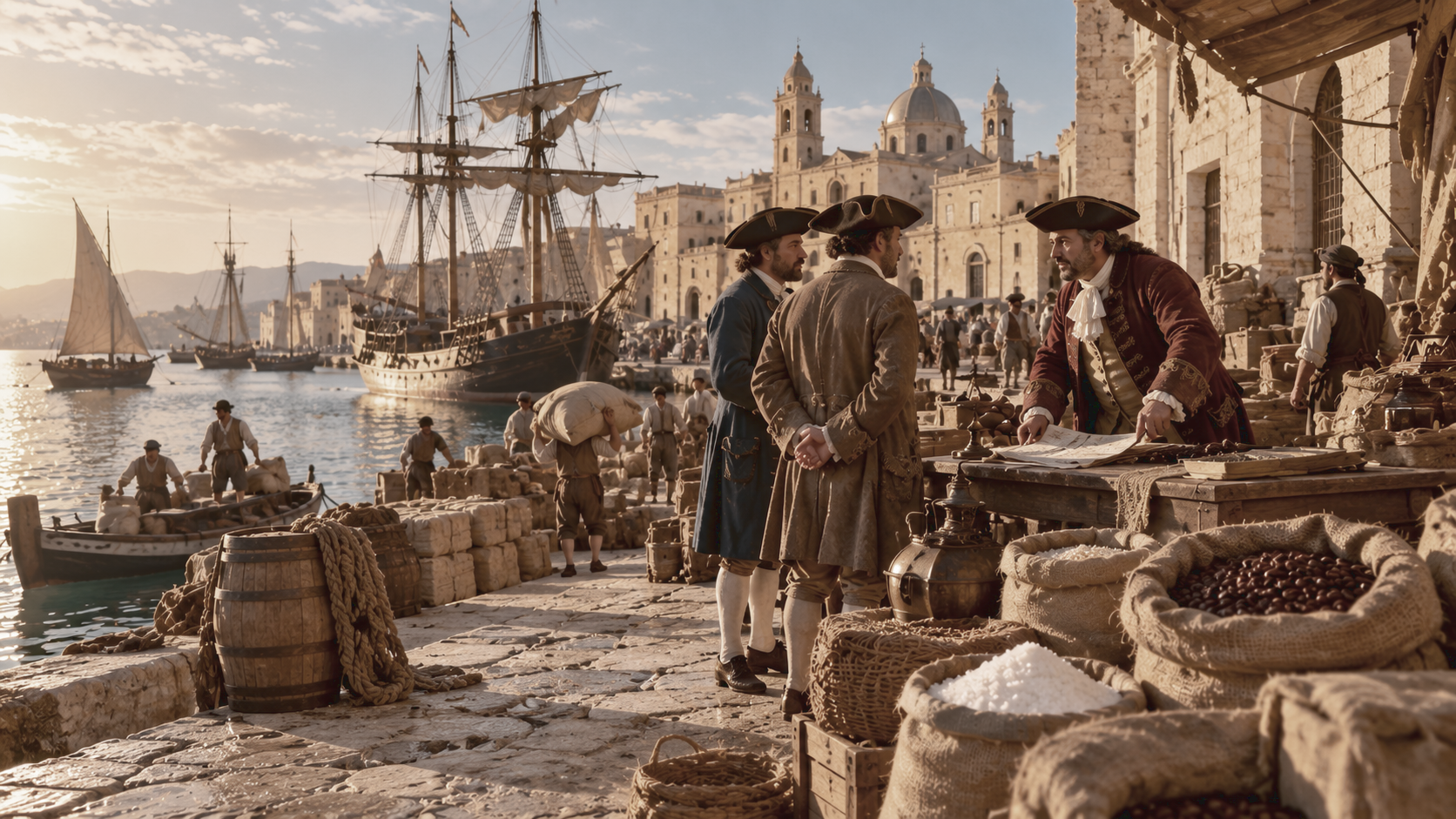 Mercanti al porto di Marsala contrattano l'acquisto di sale e di caffè Mercanti al porto di Marsala contrattano l'acquisto di sale e di caffè