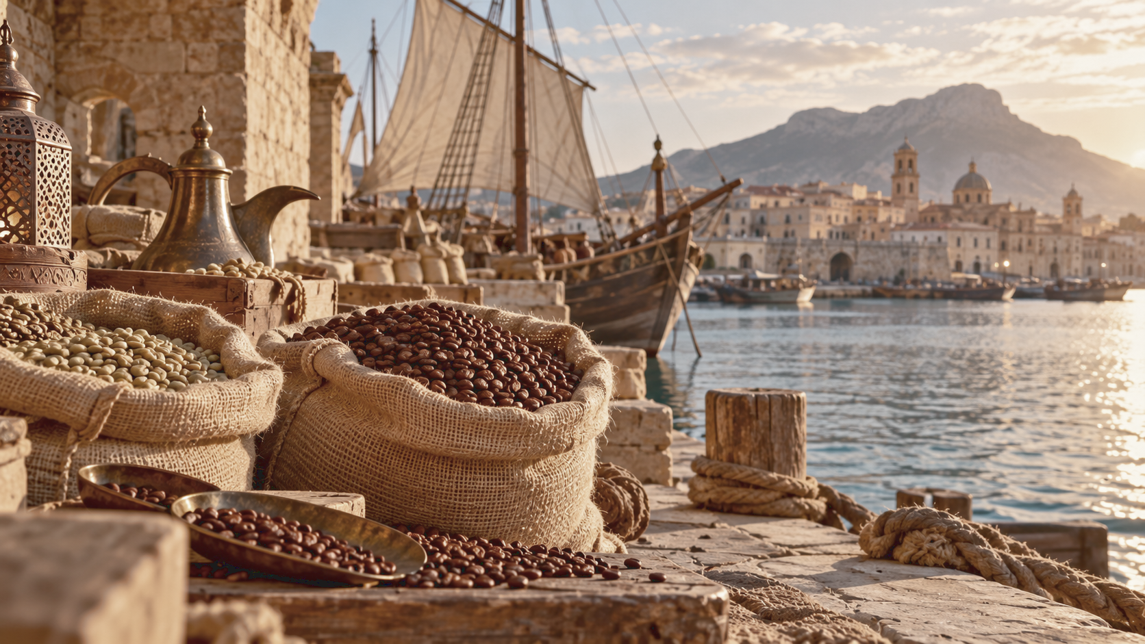 Mercato del caffè al Porto di Al Hudaydah in Yemen nel XIV secolo Mercato del caffè al Porto di Al Hudaydah in Yemen nel XIV secolo